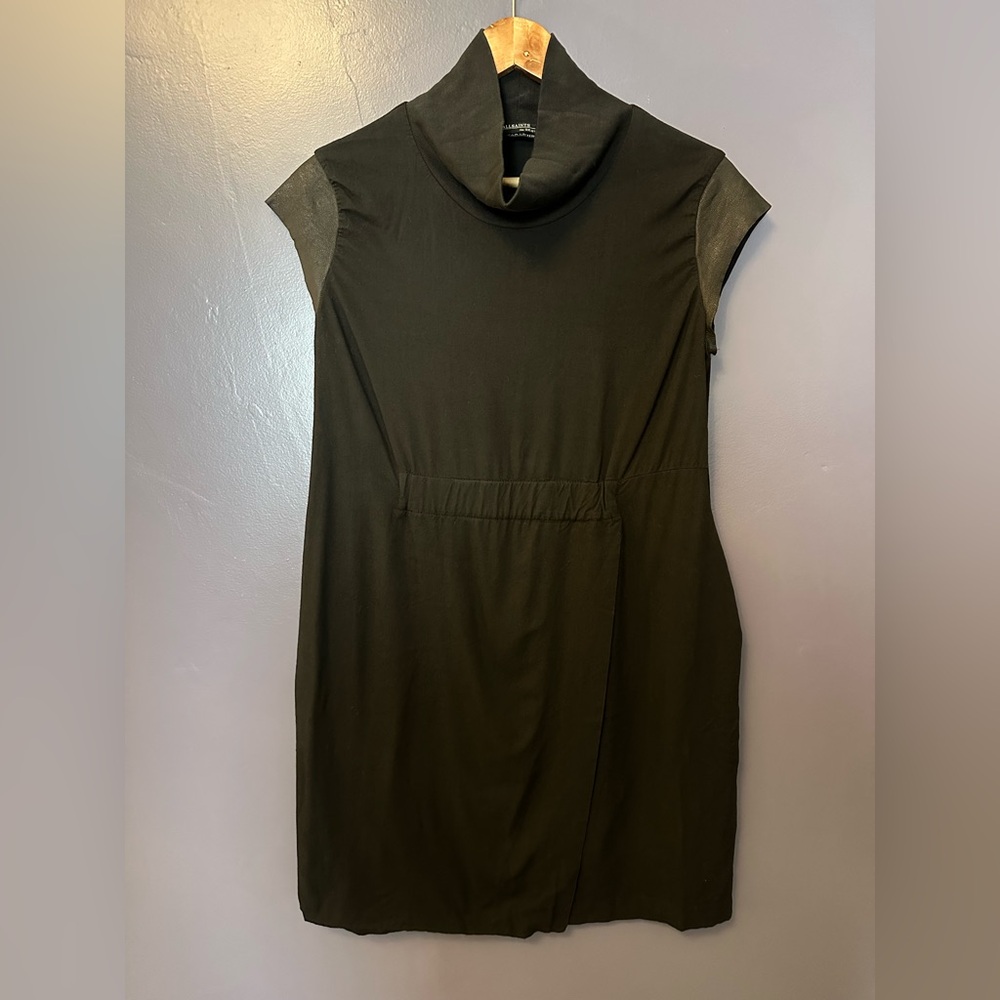 ALL SAINTS Italian Cloth and 100% Leather Cap Sleeve Cowl Neck Dress EUC Size 8